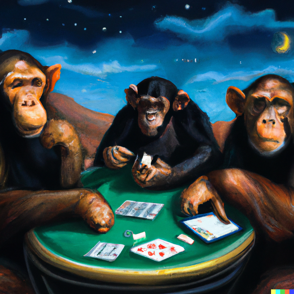 Alex × DALL·E 2 | A realistic painting of three chimps playing poker on