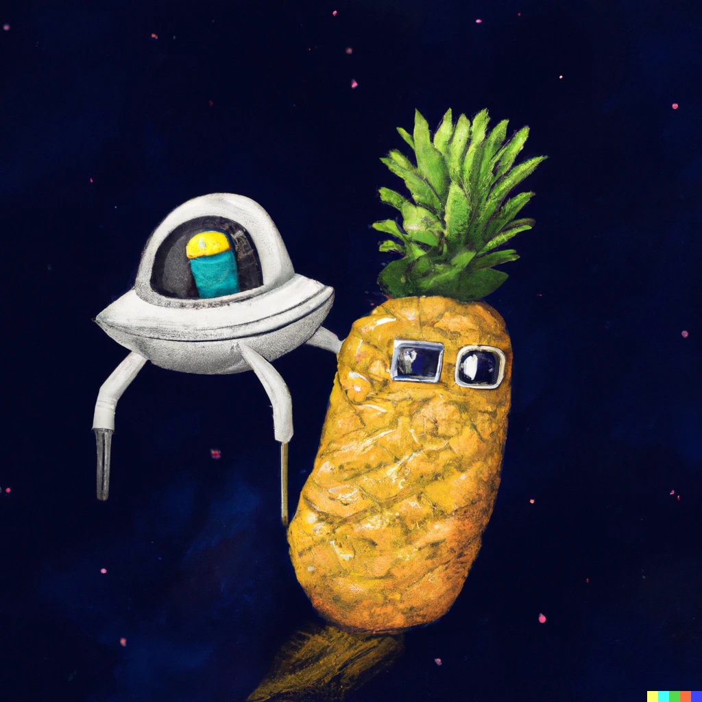 Prompt: spaceship in the appearance of a pineapple and a banana looking like an astronaut in space
