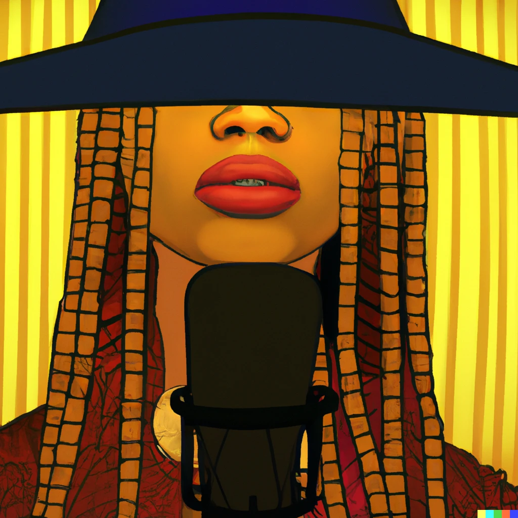 Prompt: Erykah Badu in a booth with a microphone in Vincent Van Gogh style 