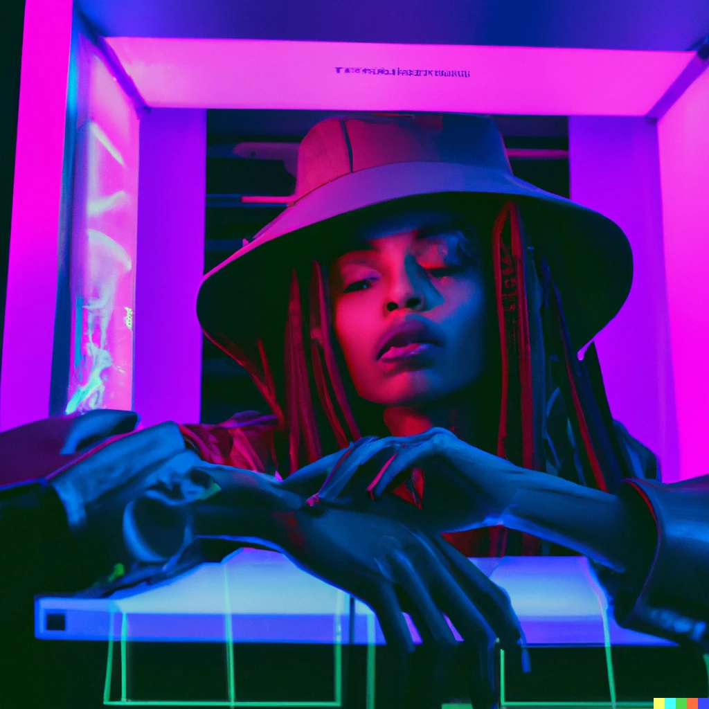 Prompt: Erykah Badu queen of Hiphop 
In a Booth with neon lights synthwave