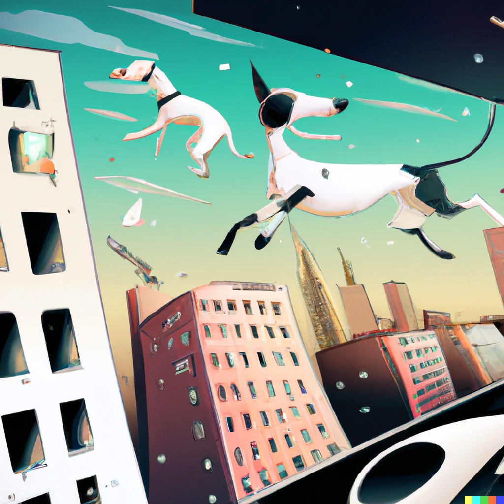 Prompt: A futuristic Italian city with some dogs flying from a window