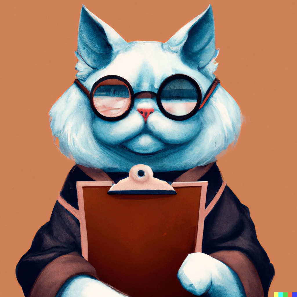 Prompt: cat wearing glasses, with a clipboard, silently judging you, digital art