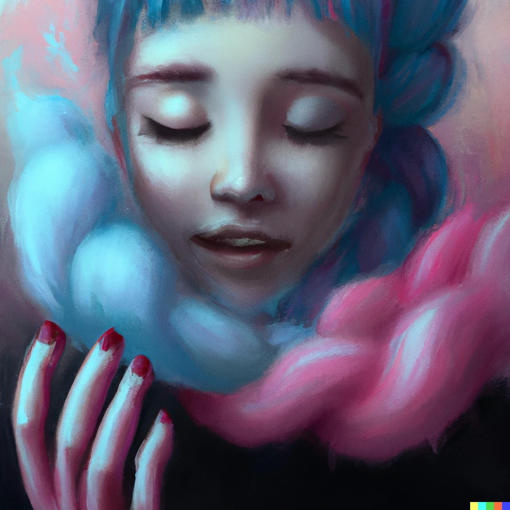 Prompt: "the cotton candy kiss of transcendental bliss," in the style of pascal blanche from artstation, digital art