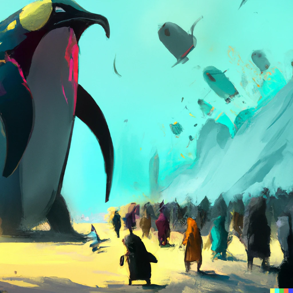 Prompt: gigantic penguins eating cryptopunks in the background while a crowd of humans are running away in the foreground, digital art