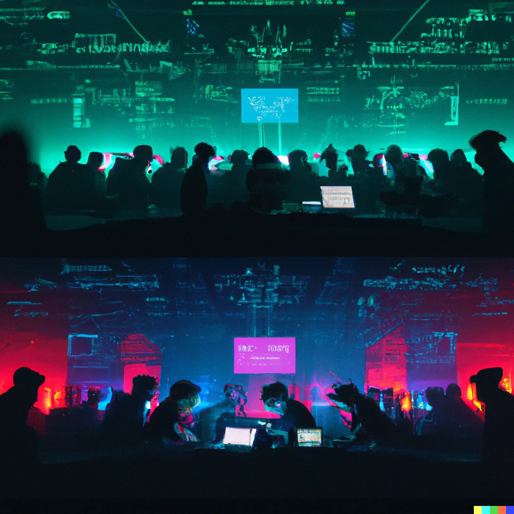 Prompt: Coding showdown at cyberpunk hacking convention, digital art, free 4K wallpaper