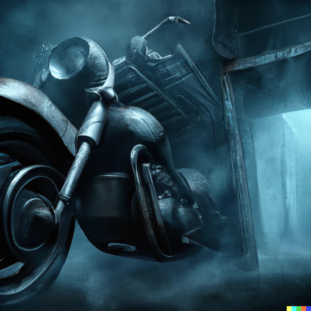 Prompt: futuristic motorbike designed by H R Giger, set in a dilapidated building, at night, fog