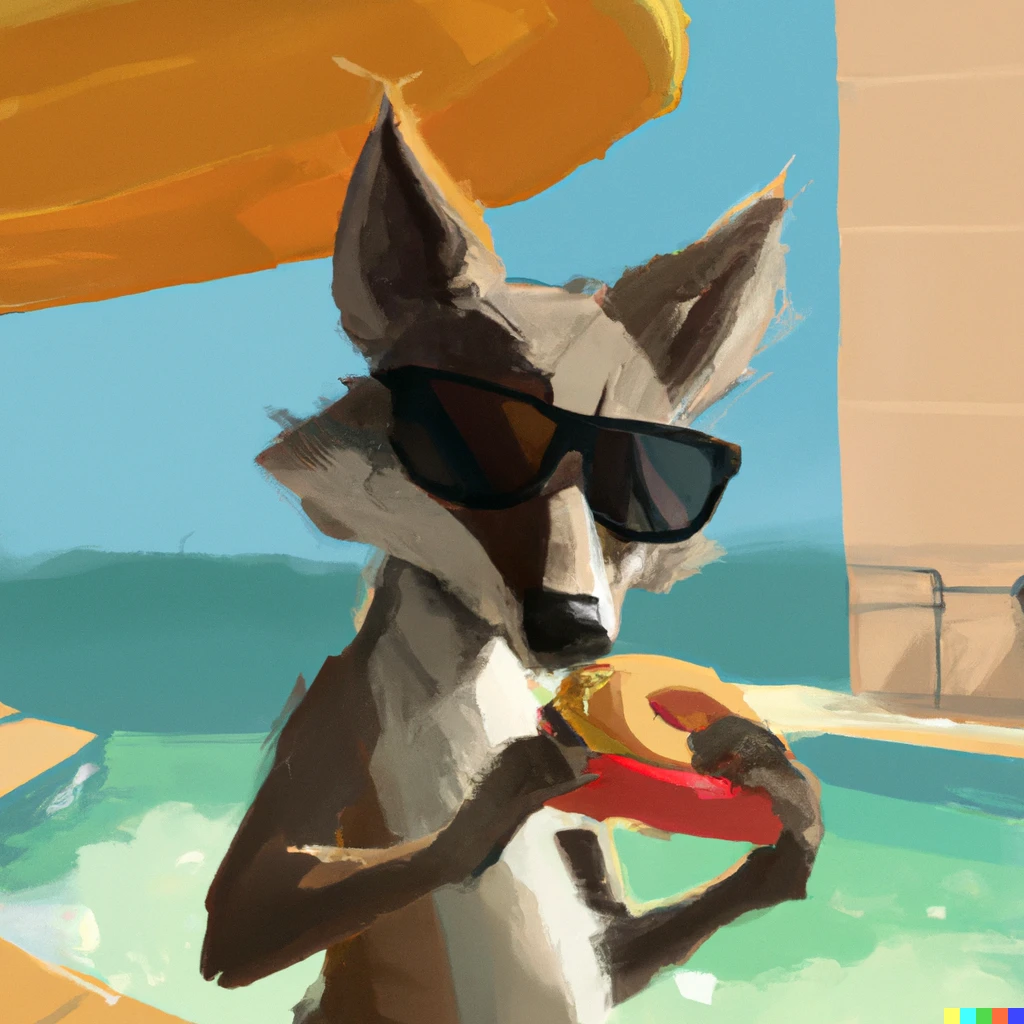 Prompt: a baby wolf with sunglasses eating a cheeseburger by the pool, digital art