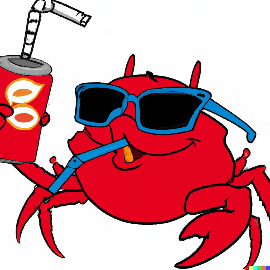 Prompt: Red crab wearing sunglasses and drinking a soda that's in a red can through a straw