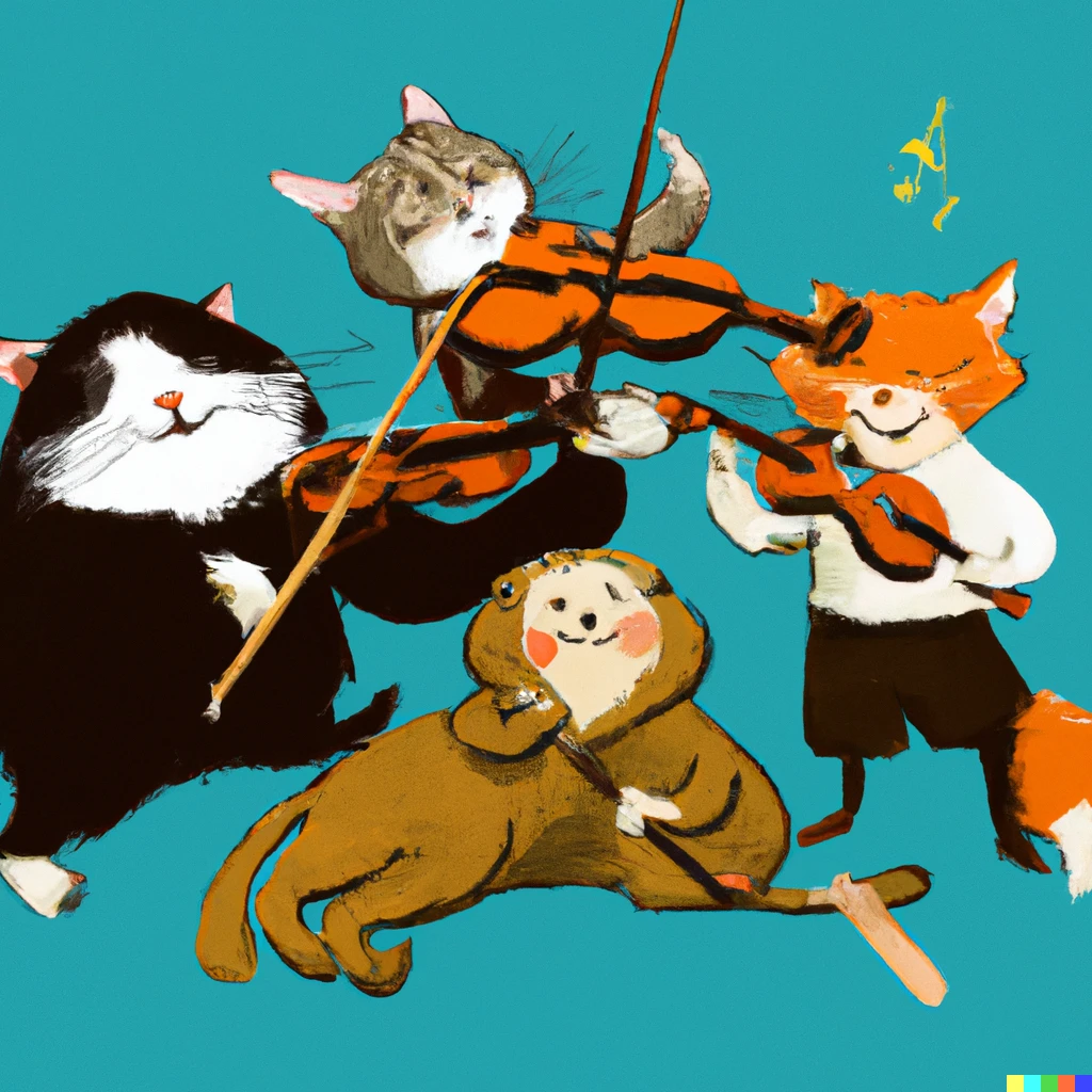 Prompt: cats and otters playing violin