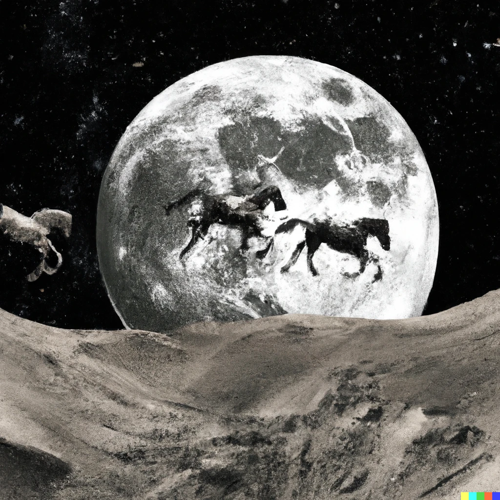Prompt: 3 horses running on moon with a humongous backdrop of earth, hollywood style 