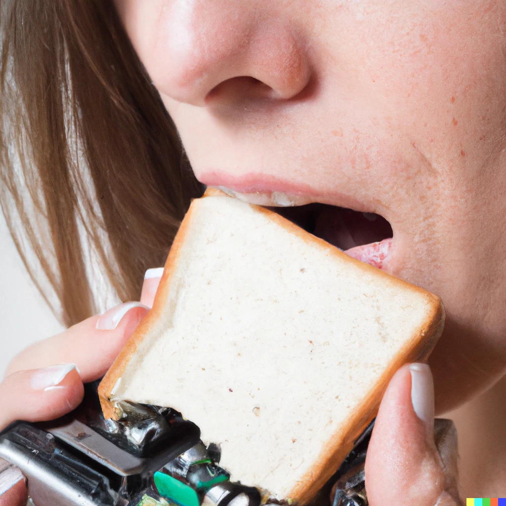 Prompt: a woman eats a sandwich made of electronics