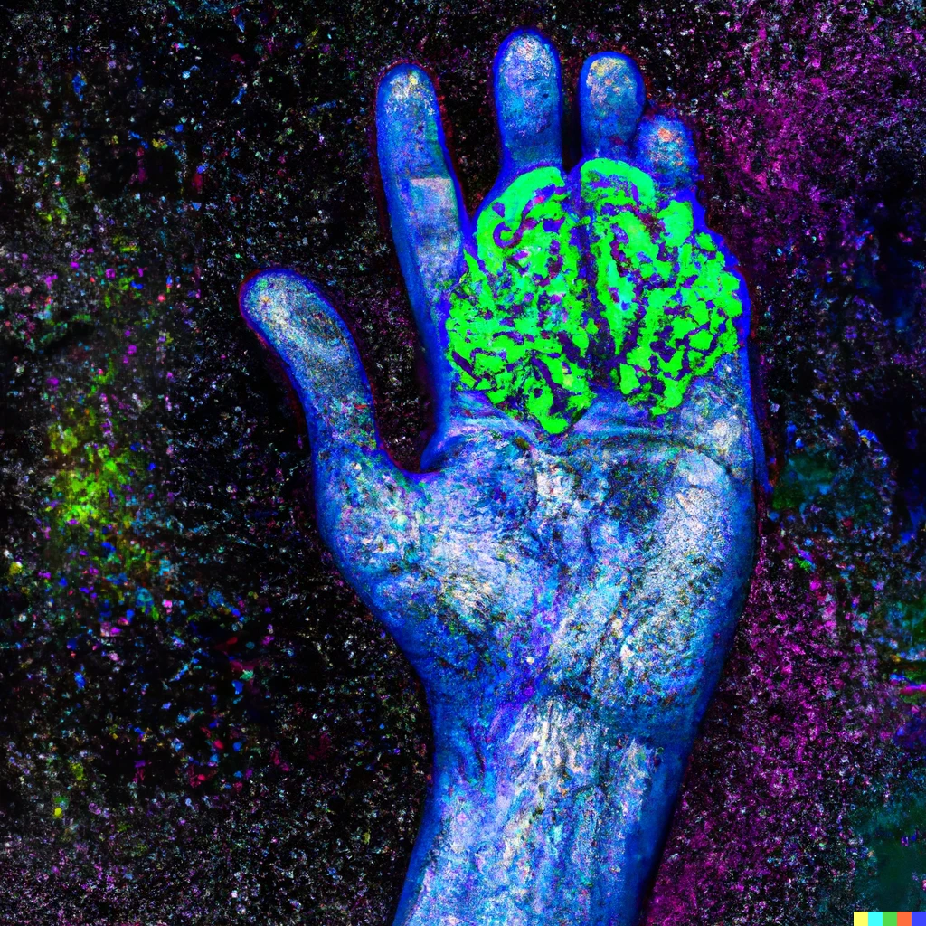 Prompt: digital art showcasing the neural network of human brain and a left hand