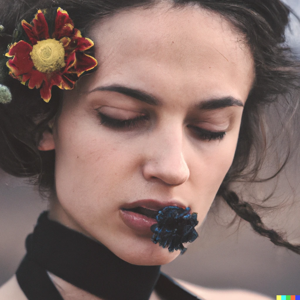 Prompt: Candid portrait photograph of a female fashion model face close up, model wearing an Avant-garde outfit with flowers in hair, desert ambiance ,  photo taken by Annie Leibovitz