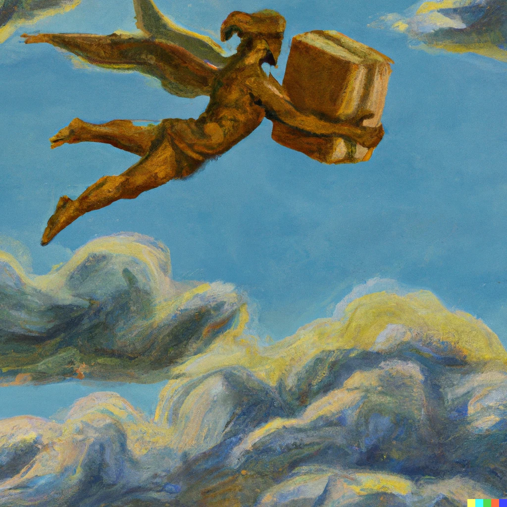 Prompt: Impressionist oil painting of hermes flying across the sky delivering a paper box