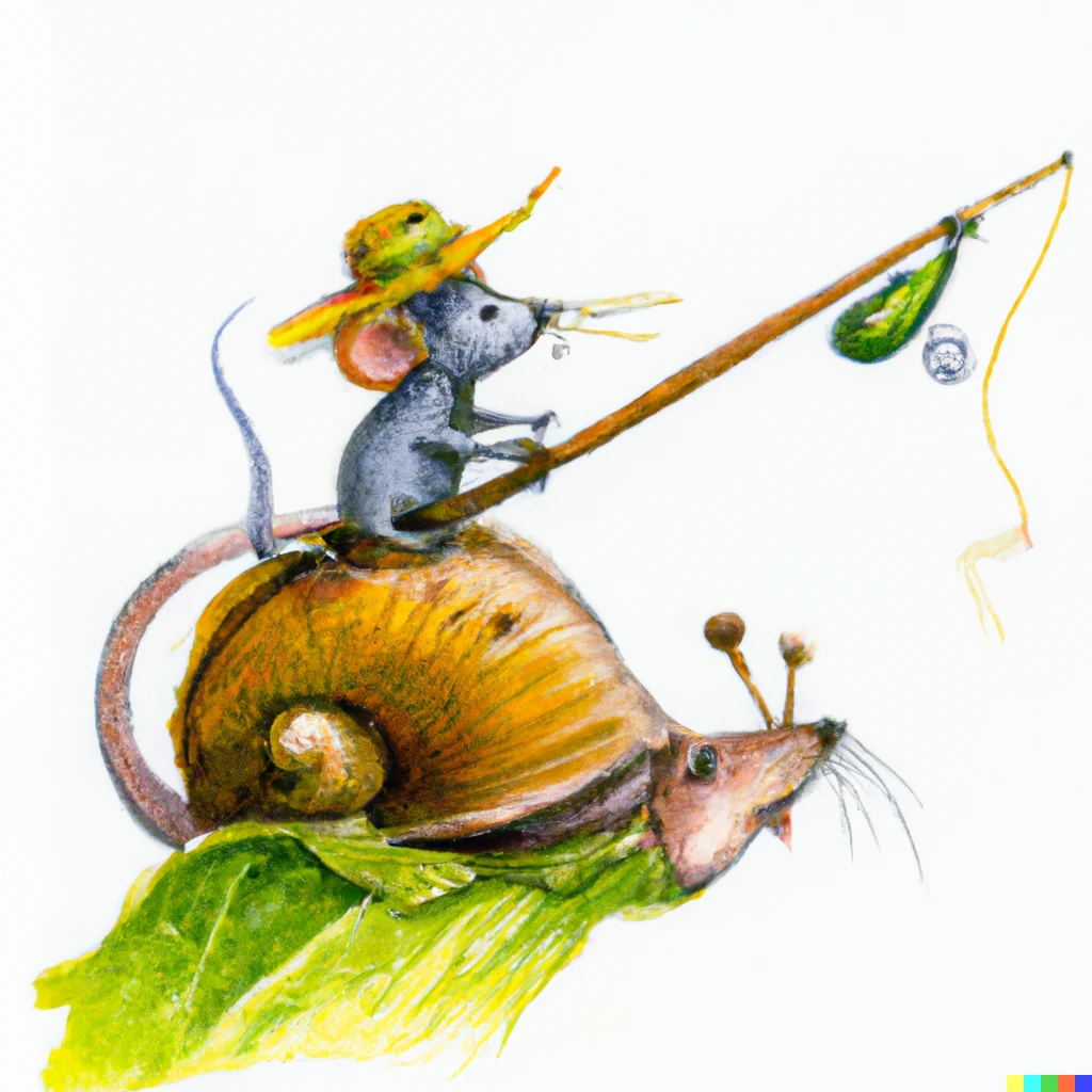 Prompt: small mouse holding a fish rod with a lettuce on it and wearing a hat while riding a snail  pencil and watercolor