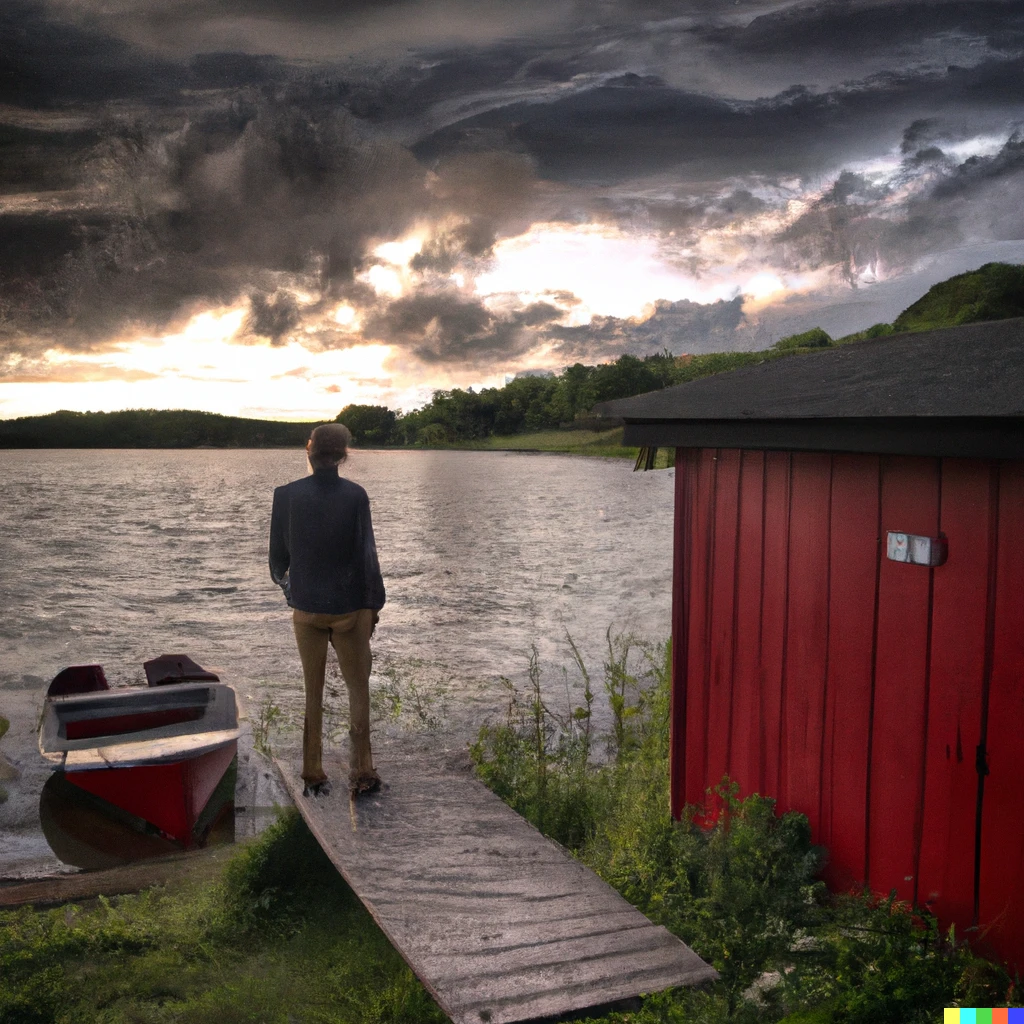 Prompt: A man looking longingly across a deserted lake. There is a single, empty wooden boat on the water with a chest in it. Across the other side of the lake, there is a red hut with a white door and a jetty into the lake. The sun is setting. There are some stormy clouds in the sky.
