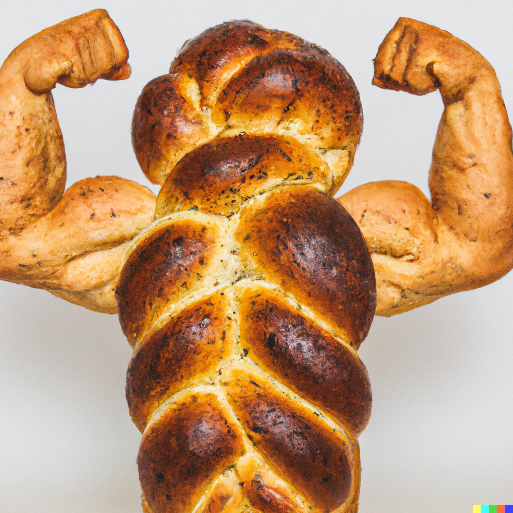 Prompt: A beautiful loaf of challah bread with muscled arms and big biceps 