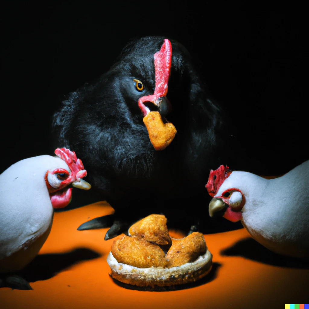 Prompt: chickens eating nuggets shaped like people, in the style of Caravaggio