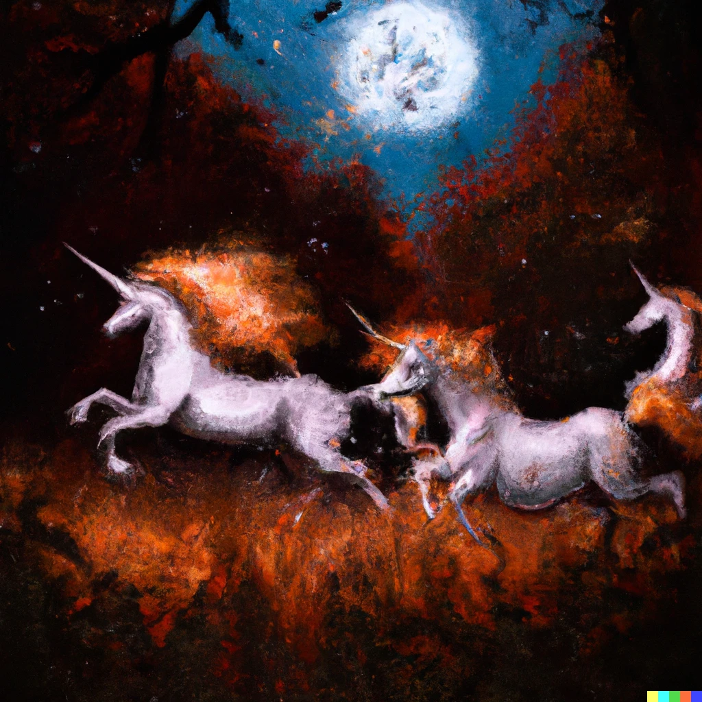 Prompt: Fire unicorns running in a desolated forest at night with a full moon, digital illustration. 