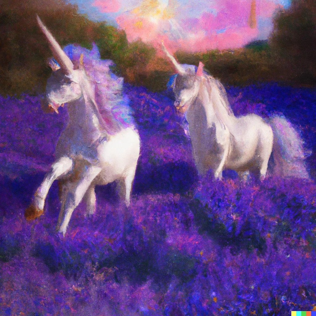 Prompt: A digital painting of unicorns playing in a lavender field at dawn.