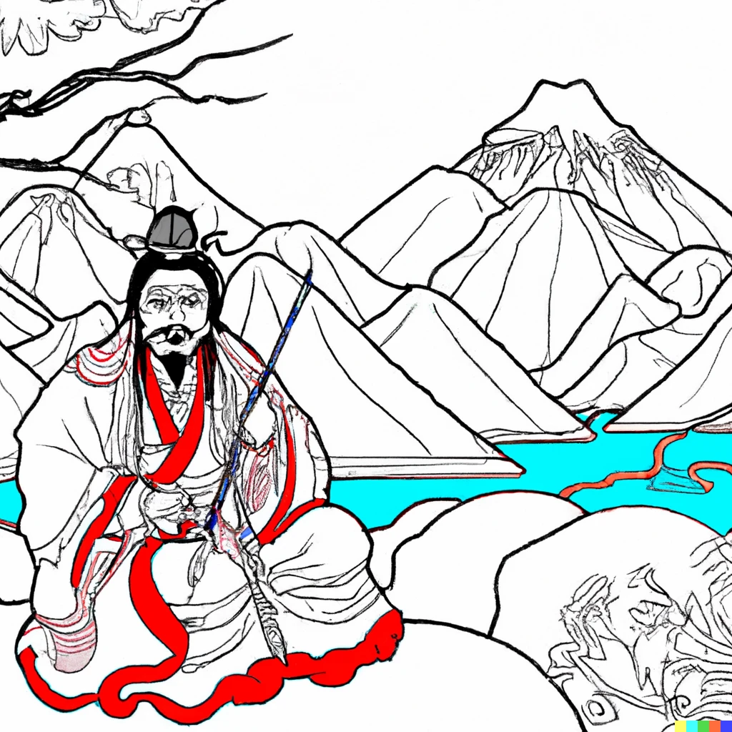 Prompt: Kubla Khan watching the river Alph, Nihonga (black and red on white)