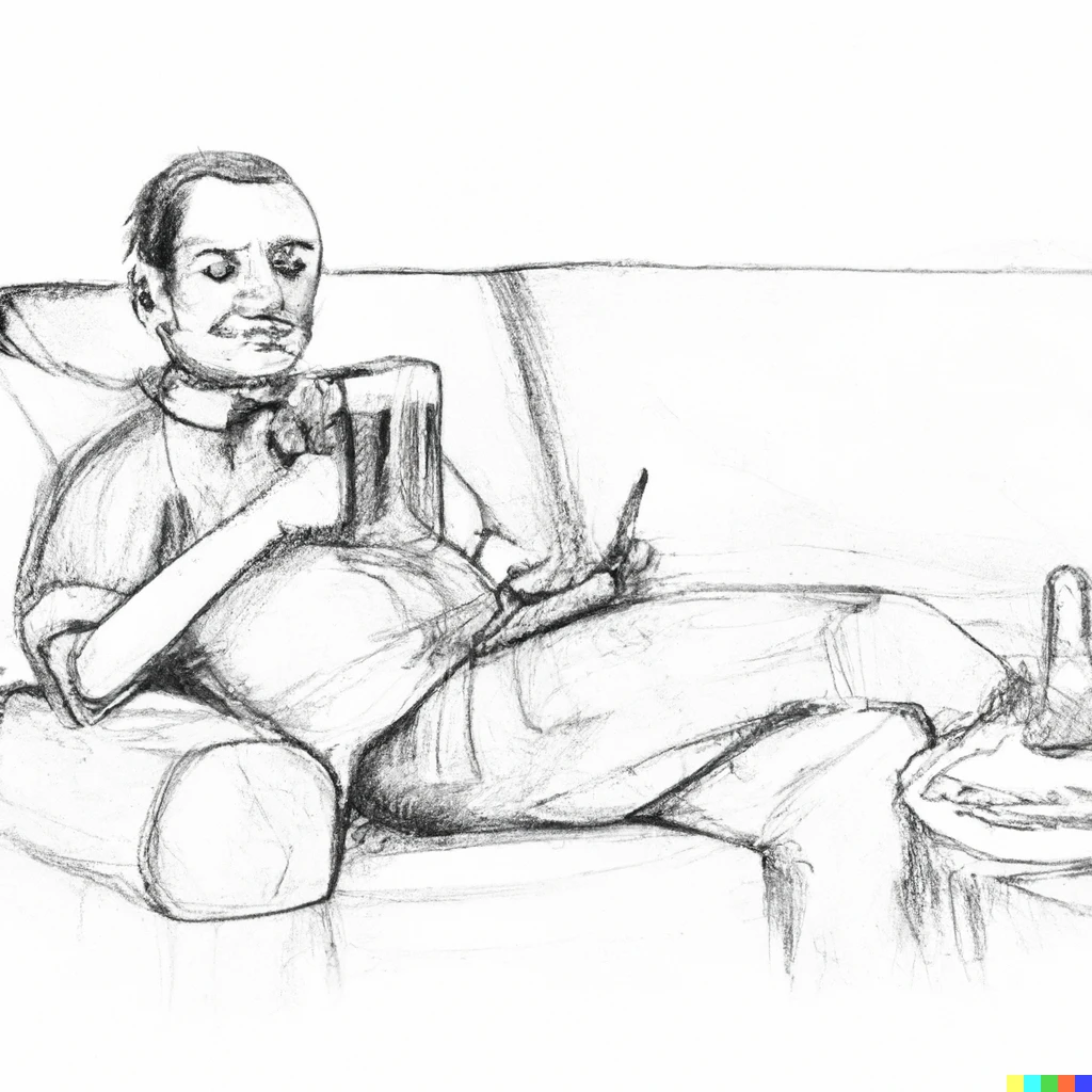 Prompt: A research engineer on his couch drinking a beer and feeling smug about his twitter posts, pencil sketch