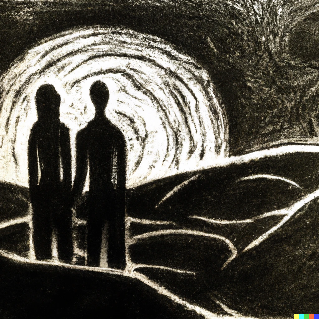 Prompt: Two humans looking out over an alien planet, charcoal relief