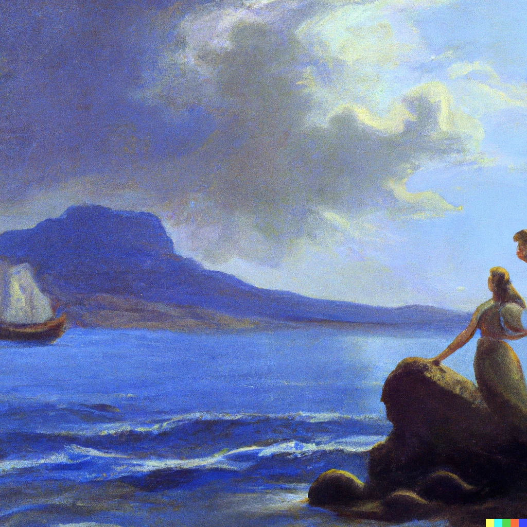 Prompt: A realistic painting in the naturalist style of Dido watching Aeneas sail towards Sicily
