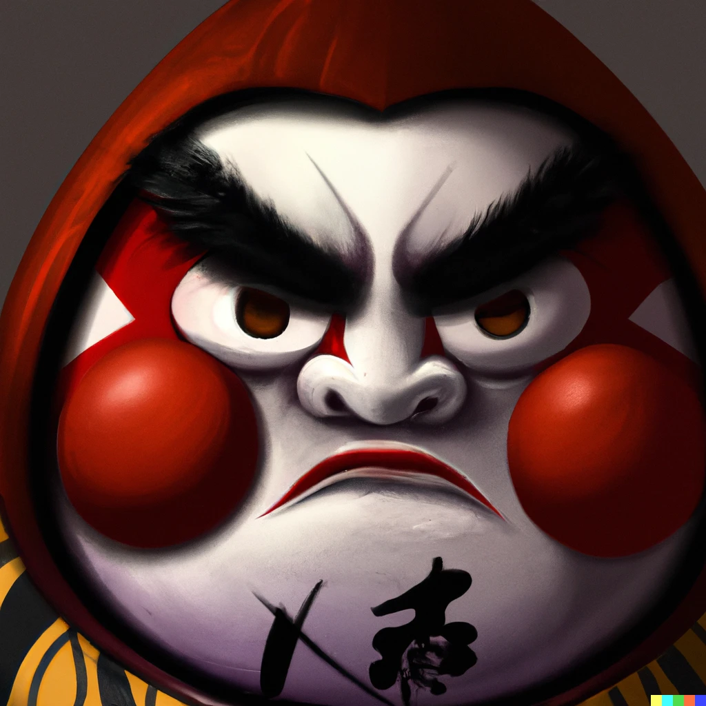 Prompt: A daruma doll with the face of a kabuki actor, digital art