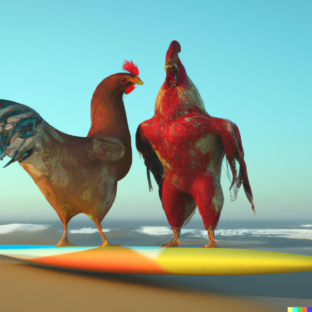Prompt: Two good looking roosters with surfboards  under wing checking the surf 3d render 