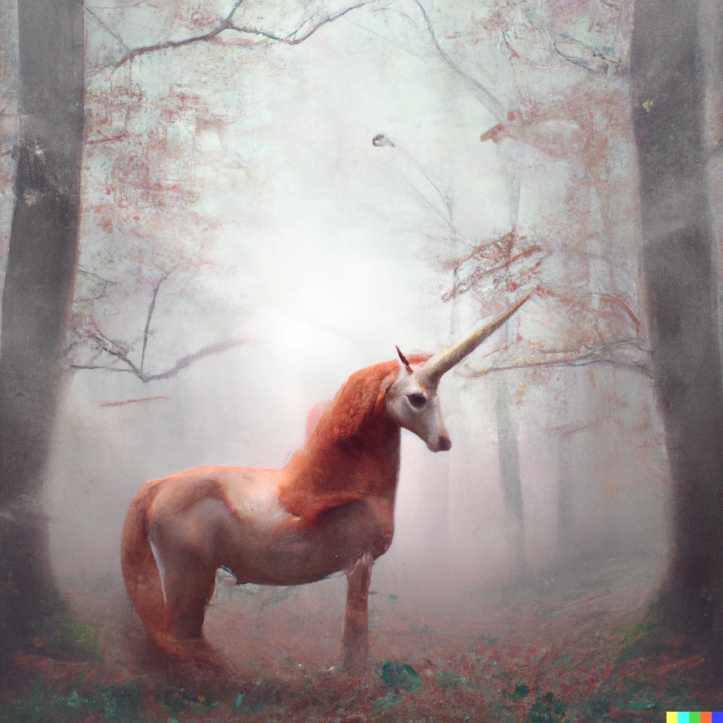 Prompt: A red haired unicorn walked in the foggy forest