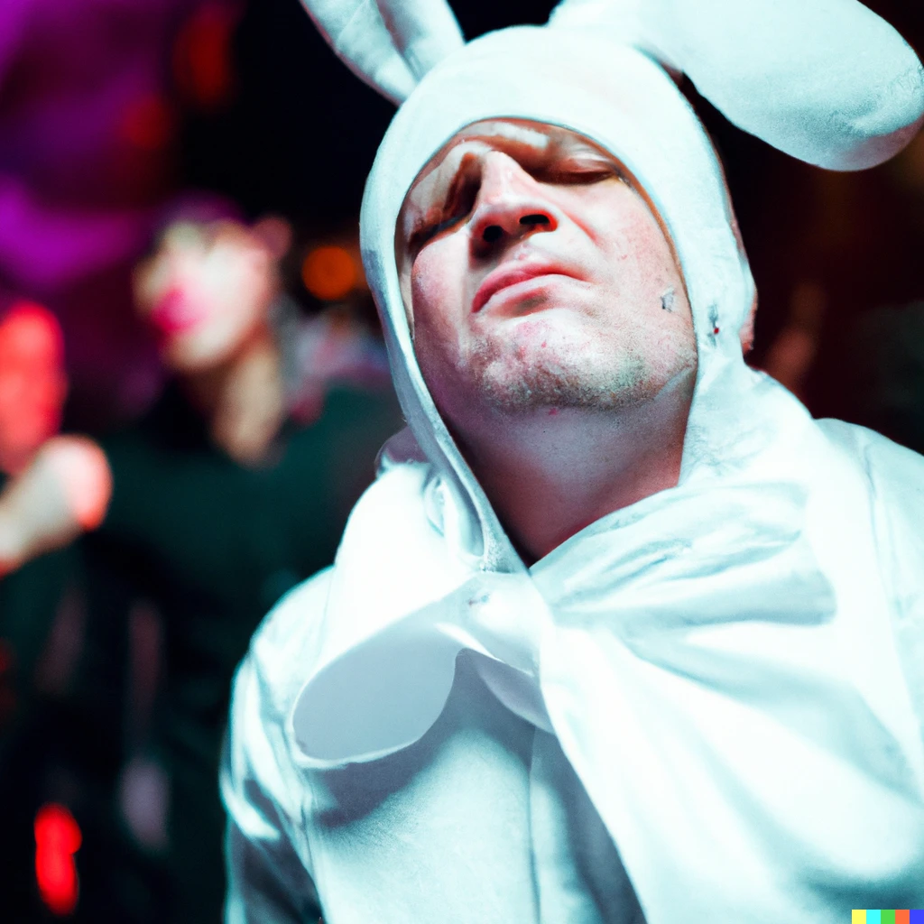 Prompt: Drunken Corey Taylor in bunny costume on emo kids festival