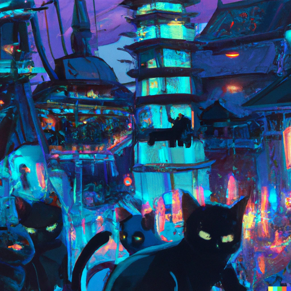 Prompt: cyberpunk temple and many cats