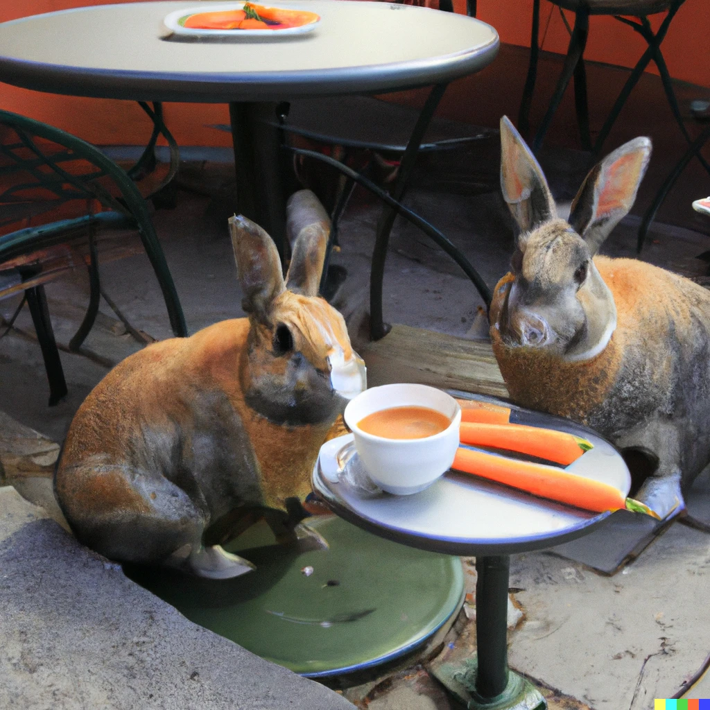 Prompt: A photograph of rabbits eating carrot soup on the patio of a French cafe