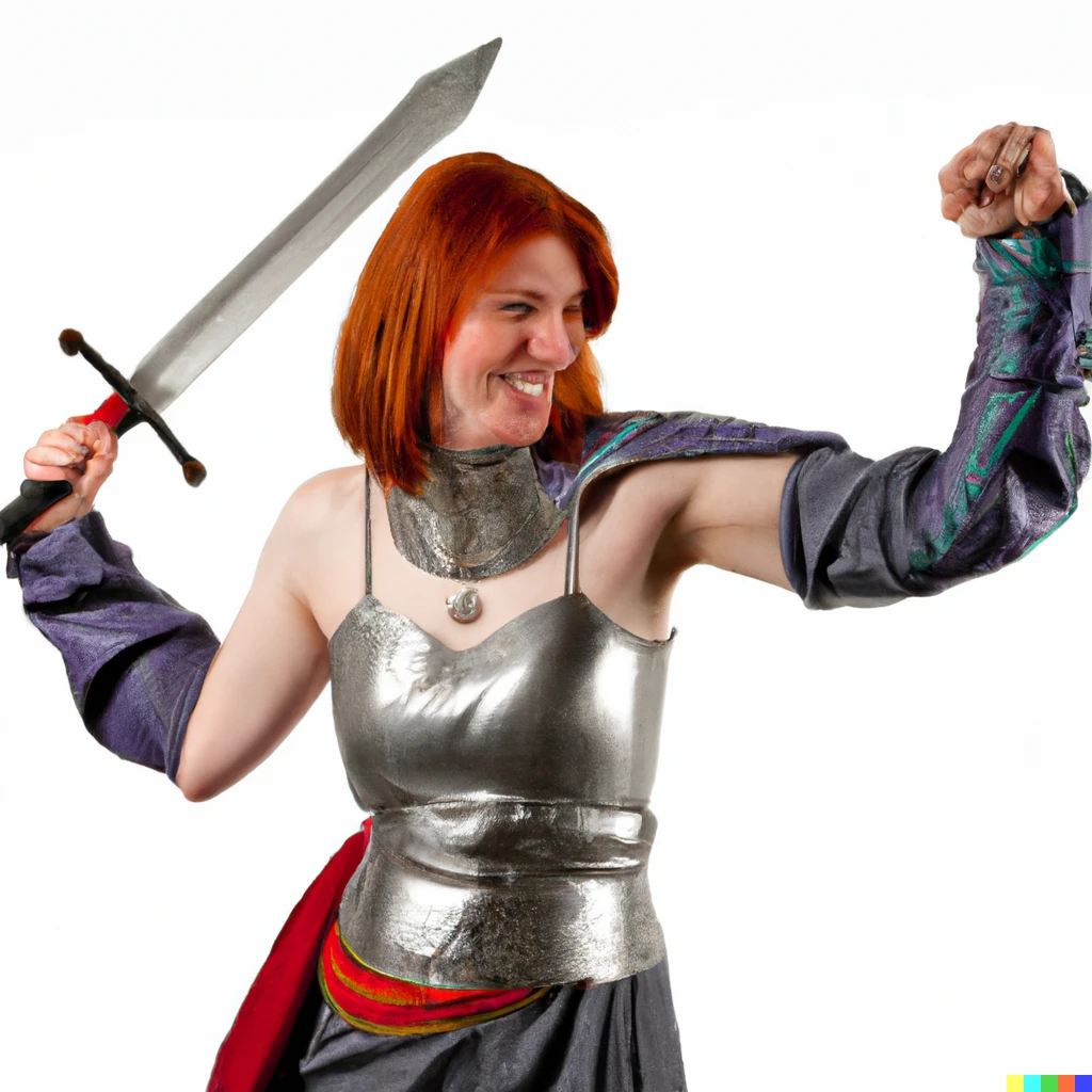 Prompt: woman in a warrior tin outfit with a sword tucked in with her fist in the air with red hair.