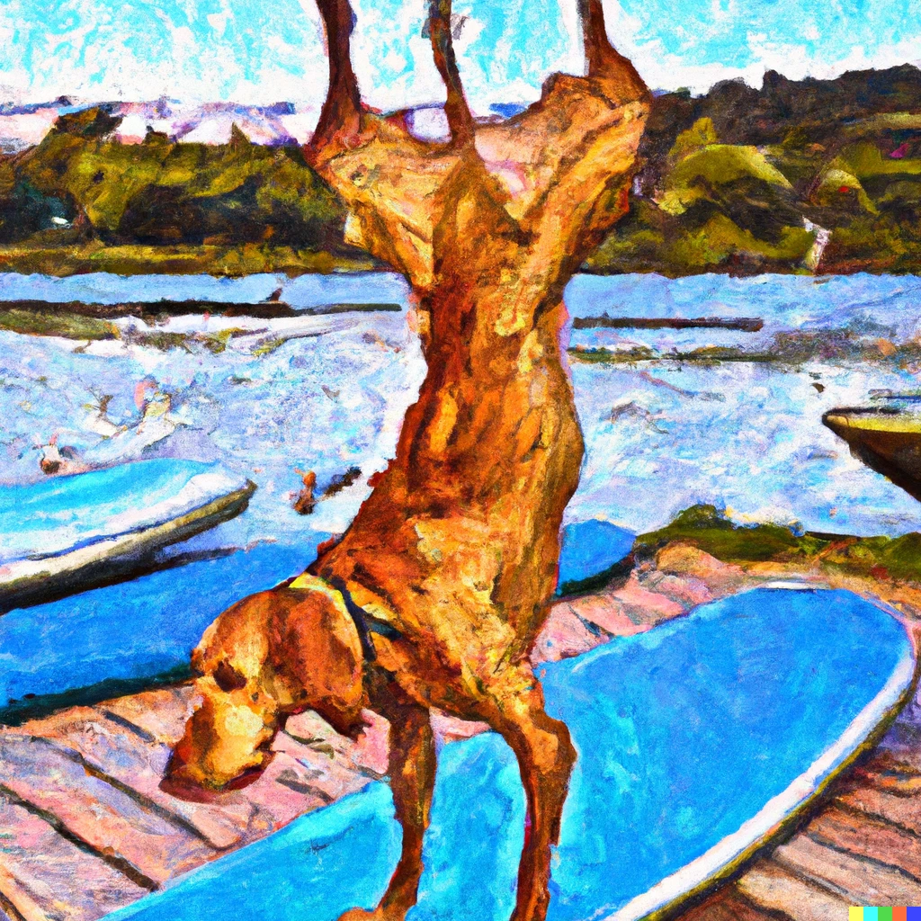 Prompt: A dog doing a handstand on a paddle board in the style of Van Gogh