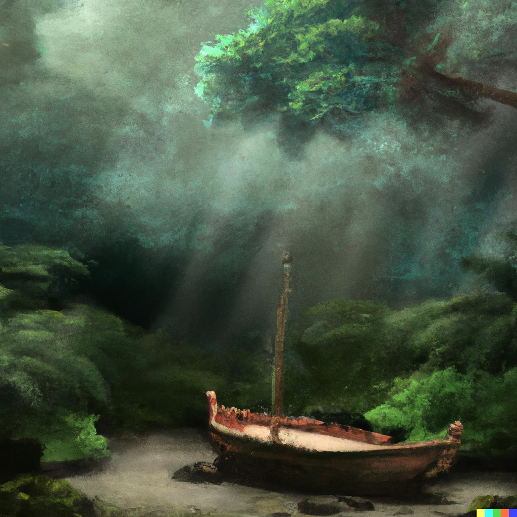 Prompt: Boat in a Rain forest, digital art by Leonardo da Vinci