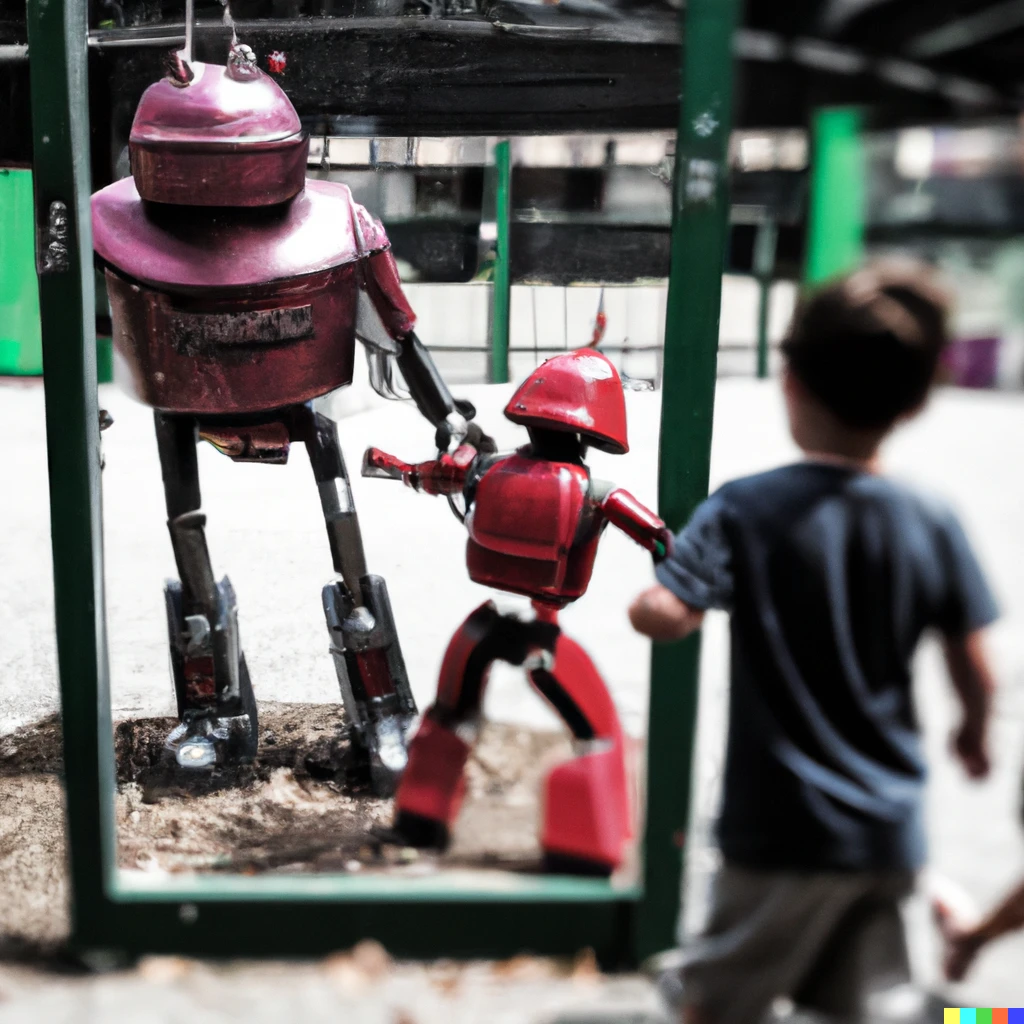 Prompt: A robot plays with kids in playground as sf pic