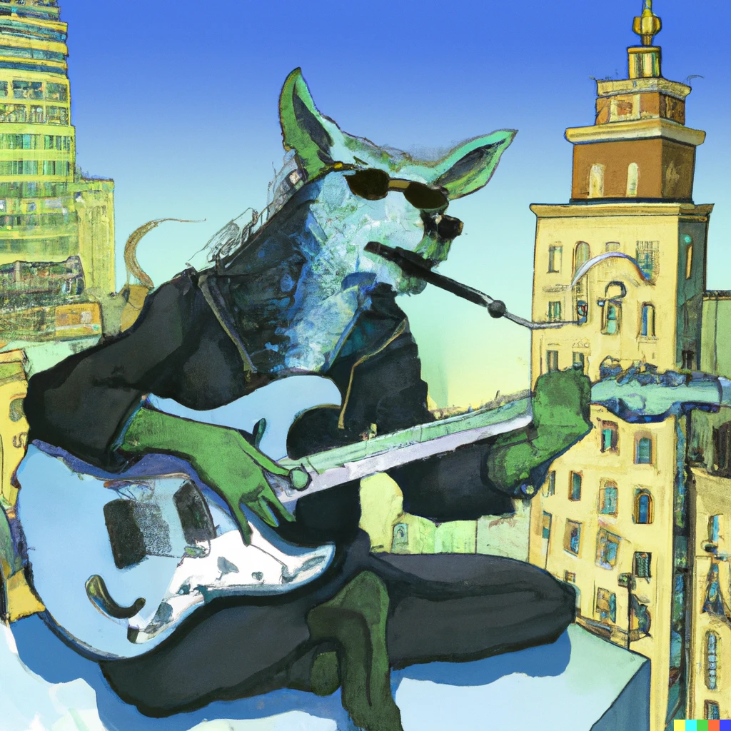 Prompt: A wolf wearing sunglasses playing a blue electric guitar while smoking weed on top of a building over a psychedelic city scene