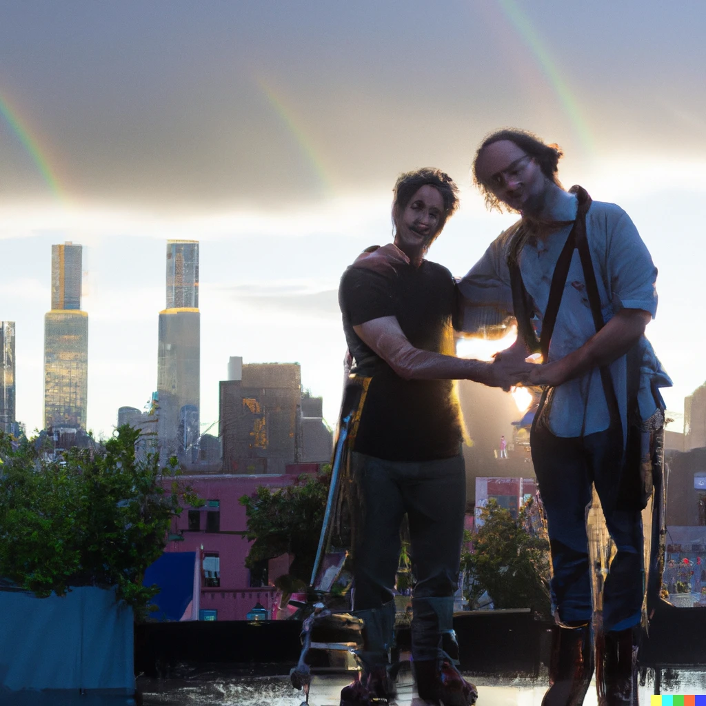 Prompt: A man in crutches holds hands with his husband, with the Manhattan skyline behind, while it rains, with a rainbow in the sky, photorealistic style, Canon 5D, 50mm lens, 4f 