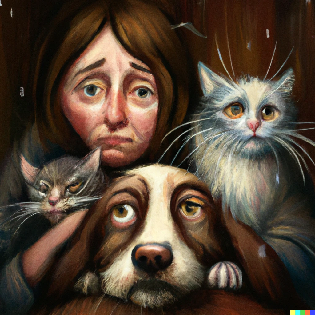 Prompt: A dog a cat and a sad woman in tears photorealistic 