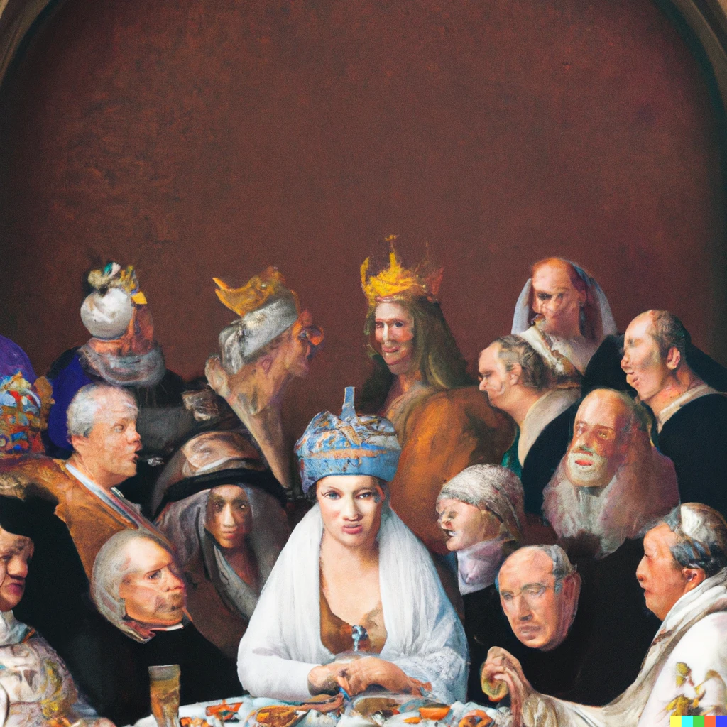 Prompt: Painting of 12 of the World's richest billionaires wearing crown having last supper 