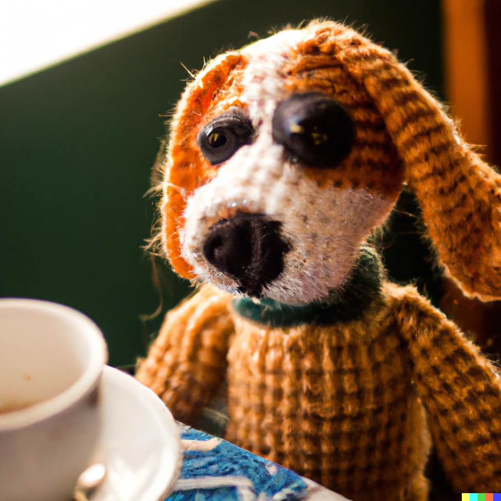 Prompt: A crocheted beagle sitting at a table drinking coffee