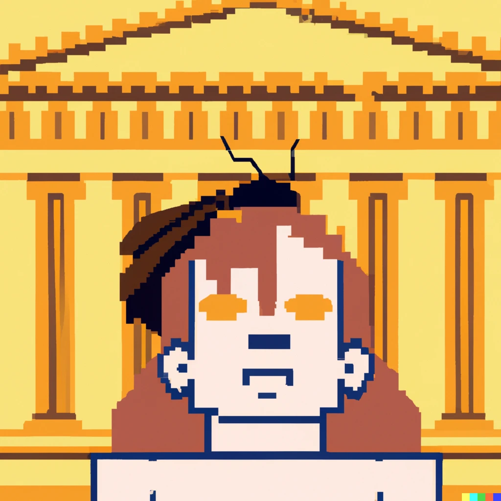 Prompt: Cockroach devouring human head on the Parthenon, pixel art