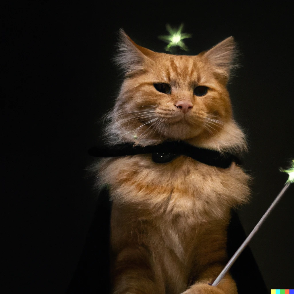Prompt: A high quality photo of a ginger colored cat with a black robe which can do magic and has magical wand.