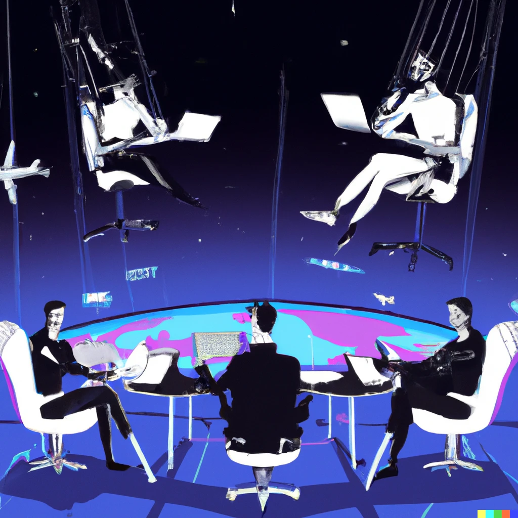 Prompt: futuristic world with flying men sitting in chairs with tables and laptops