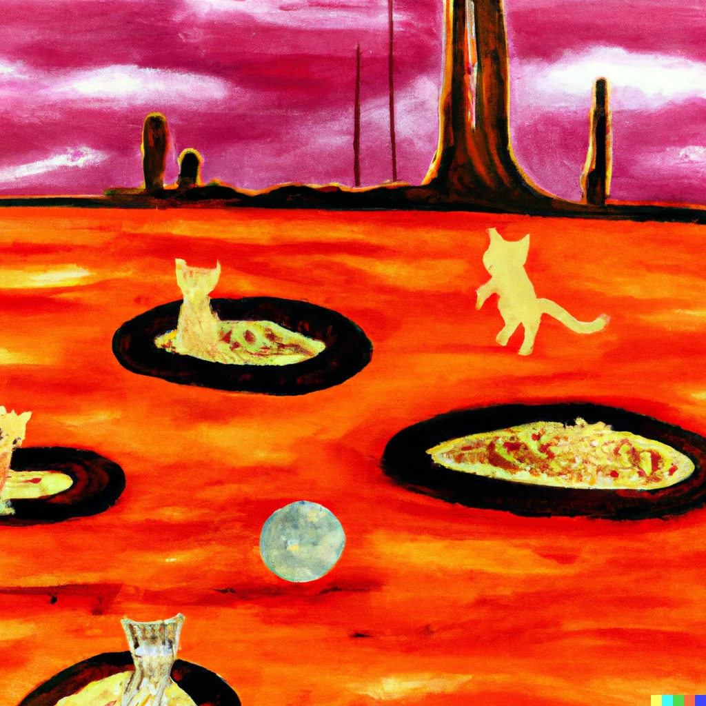 Prompt: 
Post-modern landscape painting of mars colonized by kittens 
