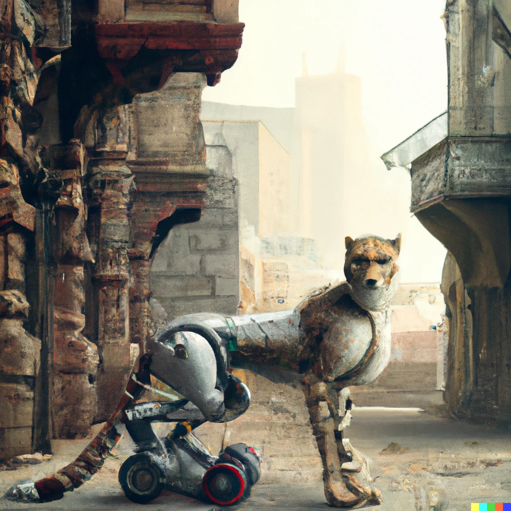 Prompt: a robot cheetah with one chrome leg and a rabbit in a parking lot in front of an old apartment building, digital art | 602