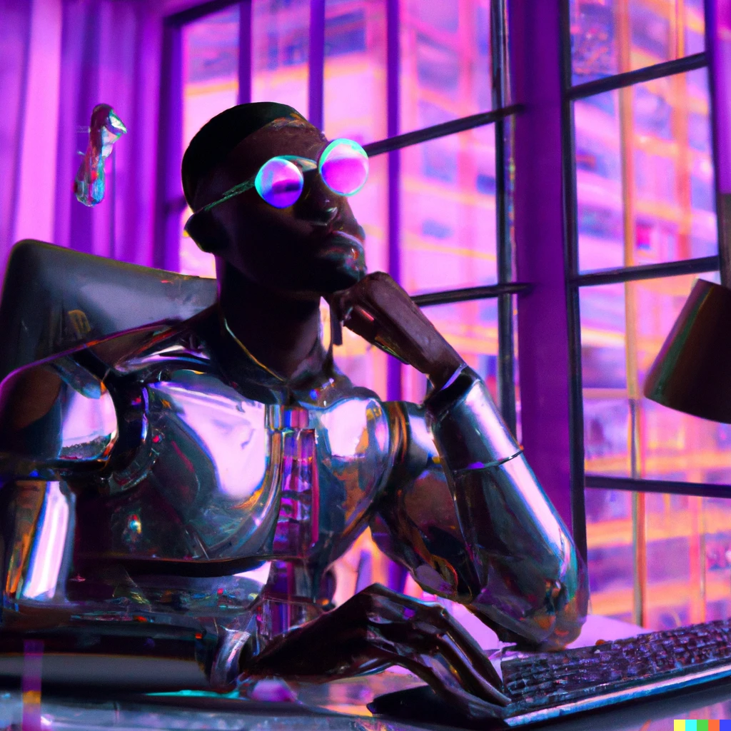 Prompt: A colorful 3D portrait of black scientist
 who thinks he is a robot, sitting a New York apartment, writing mind-blowing software ,digital art
