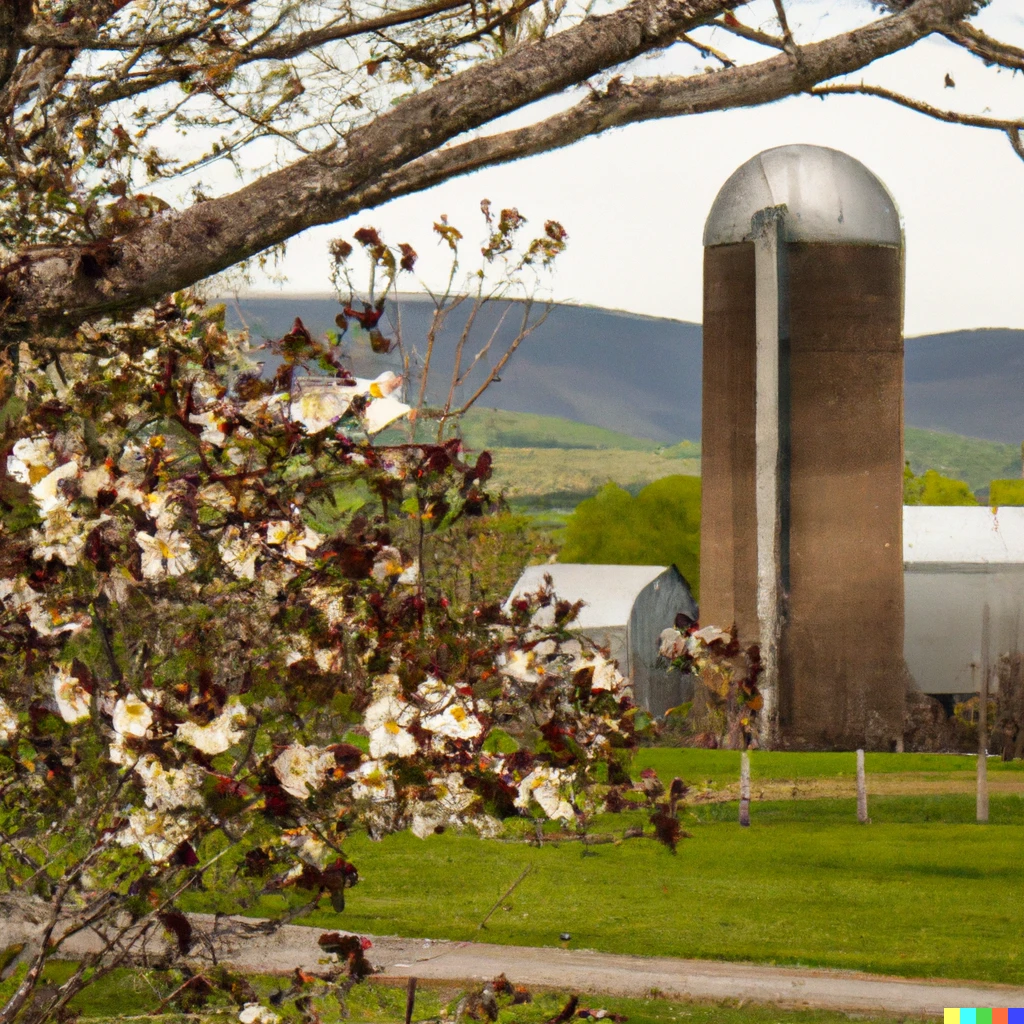 Prompt: Dogwood blooms with country side, mountains, and a barn with a silo in the background 